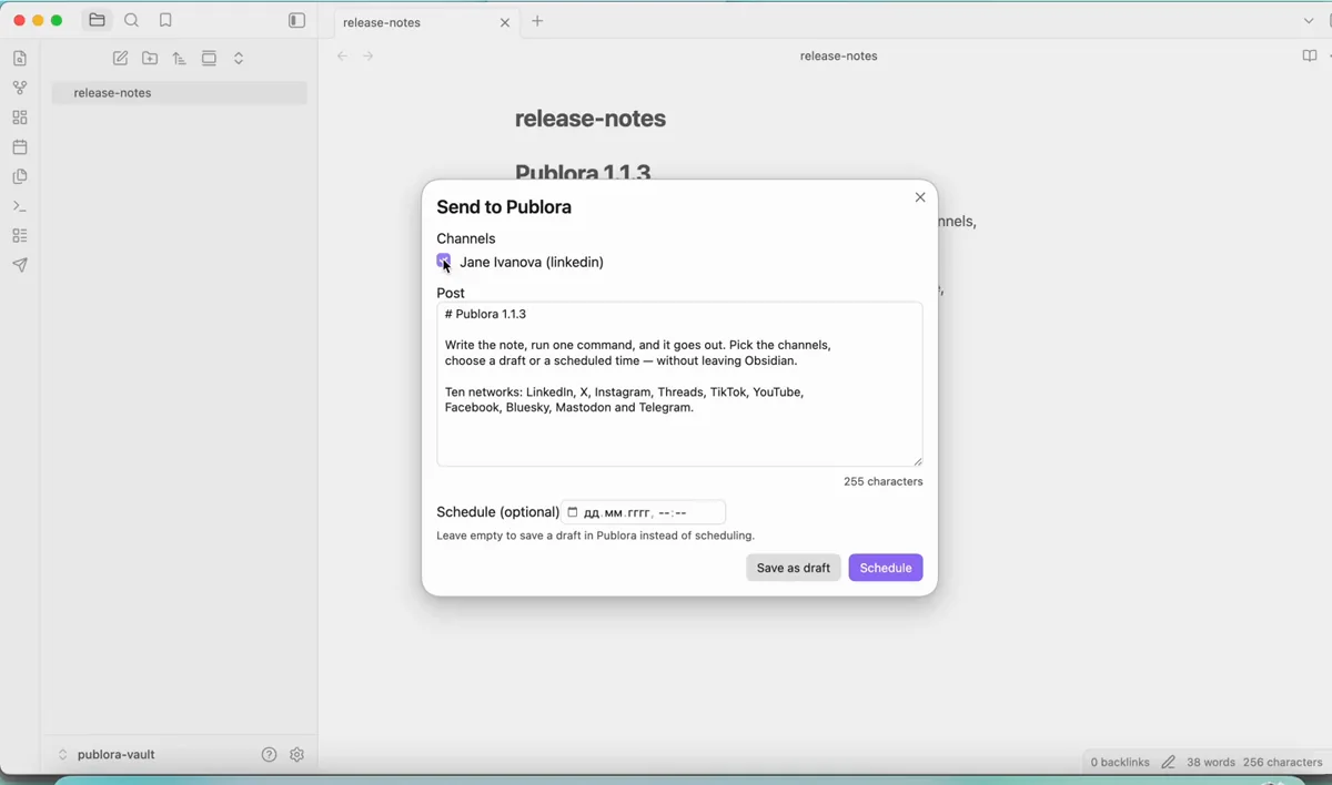 The Publora send dialog in Obsidian: channel checkboxes, post text, character count and time field