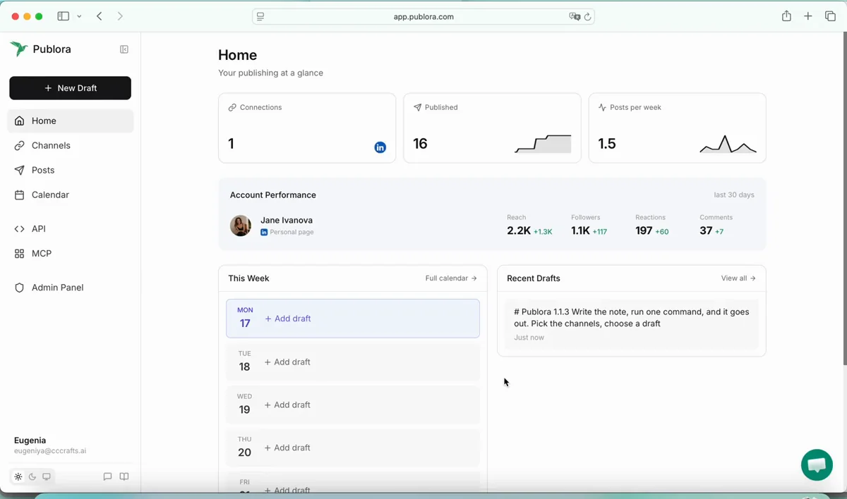 The note appearing as a draft in the Publora dashboard right after sending