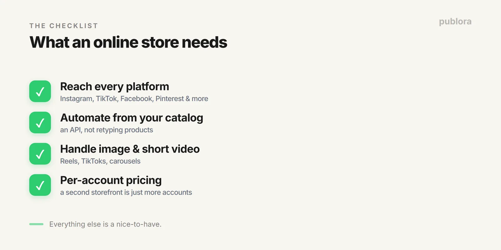 The e-commerce social tool checklist: multi-platform reach, product-feed automation, media support, and per-account pricing