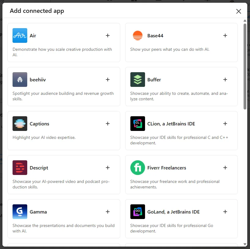 The LinkedIn Add connected app catalog window where you pick the software tools you actually use to verify your skills