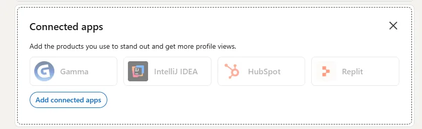 The LinkedIn Connected Apps profile section showing verified tools like Gamma, IntelliJ, HubSpot and Replit on a member profile