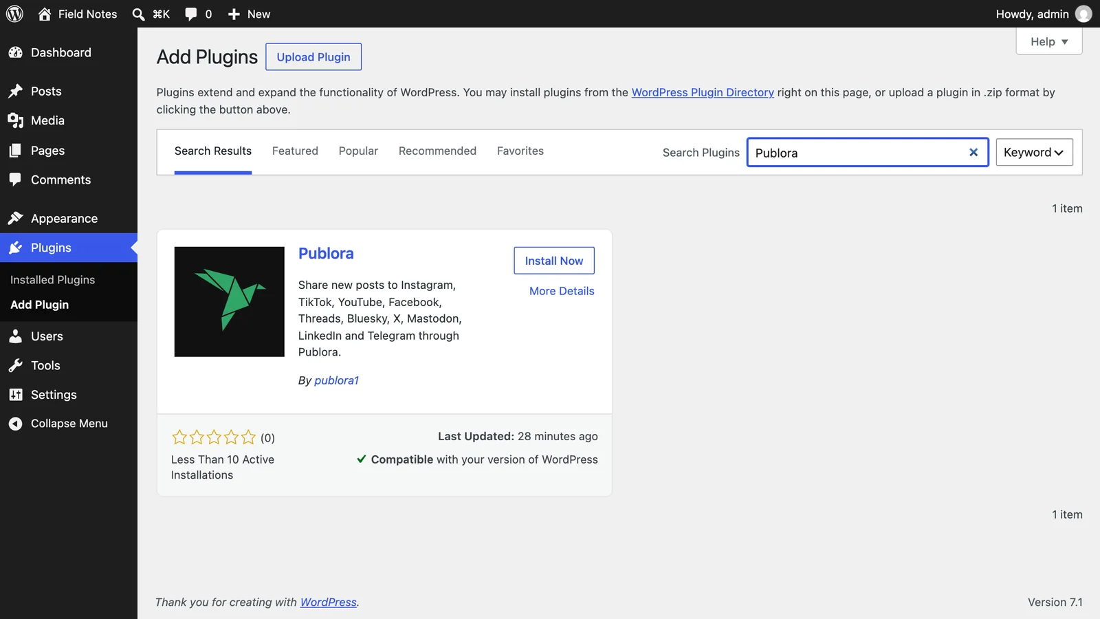 The Publora plugin found in the WordPress plugin directory with its Install Now button