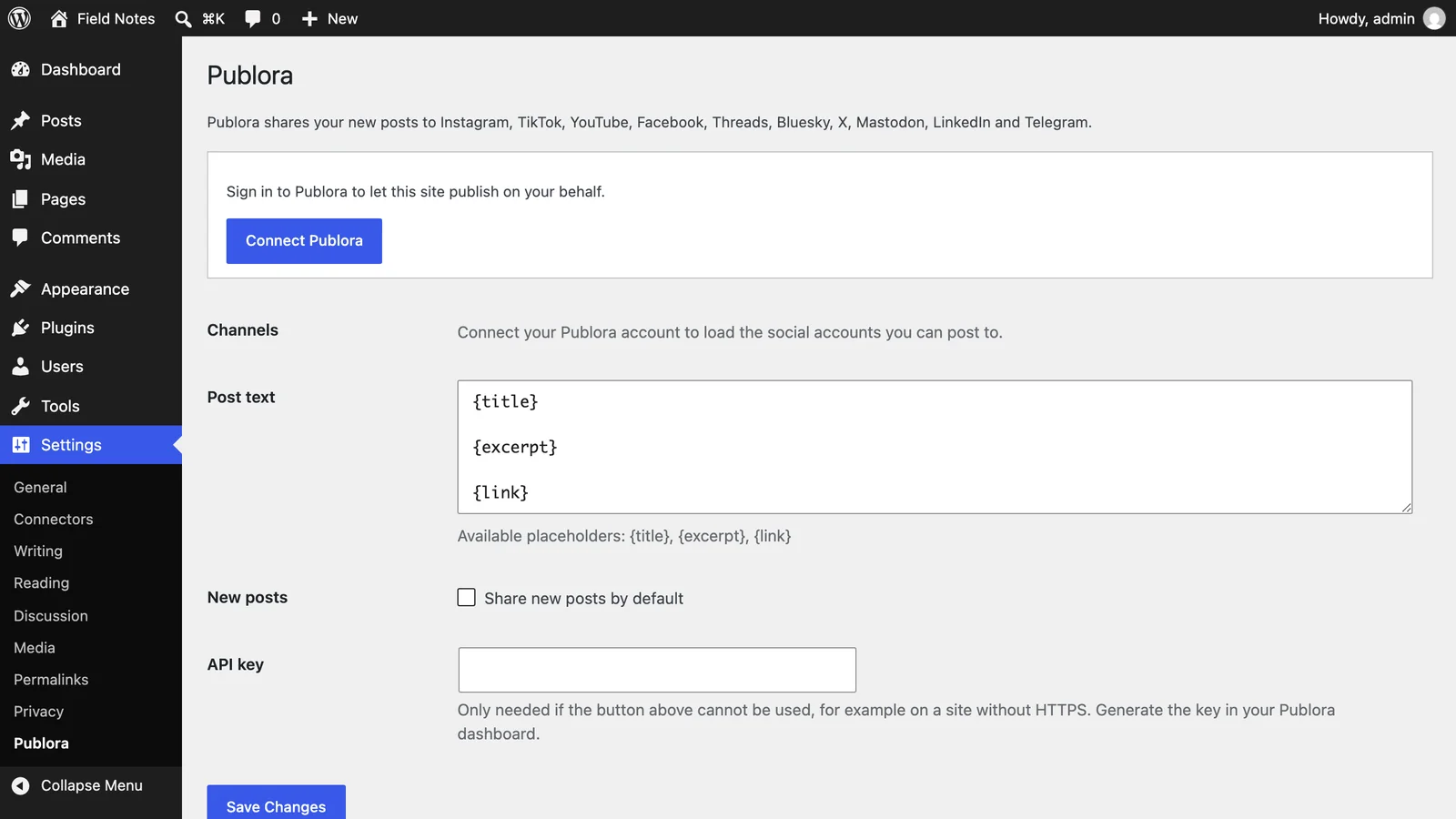 The Settings to Publora screen in WordPress before connecting, with the Connect Publora button