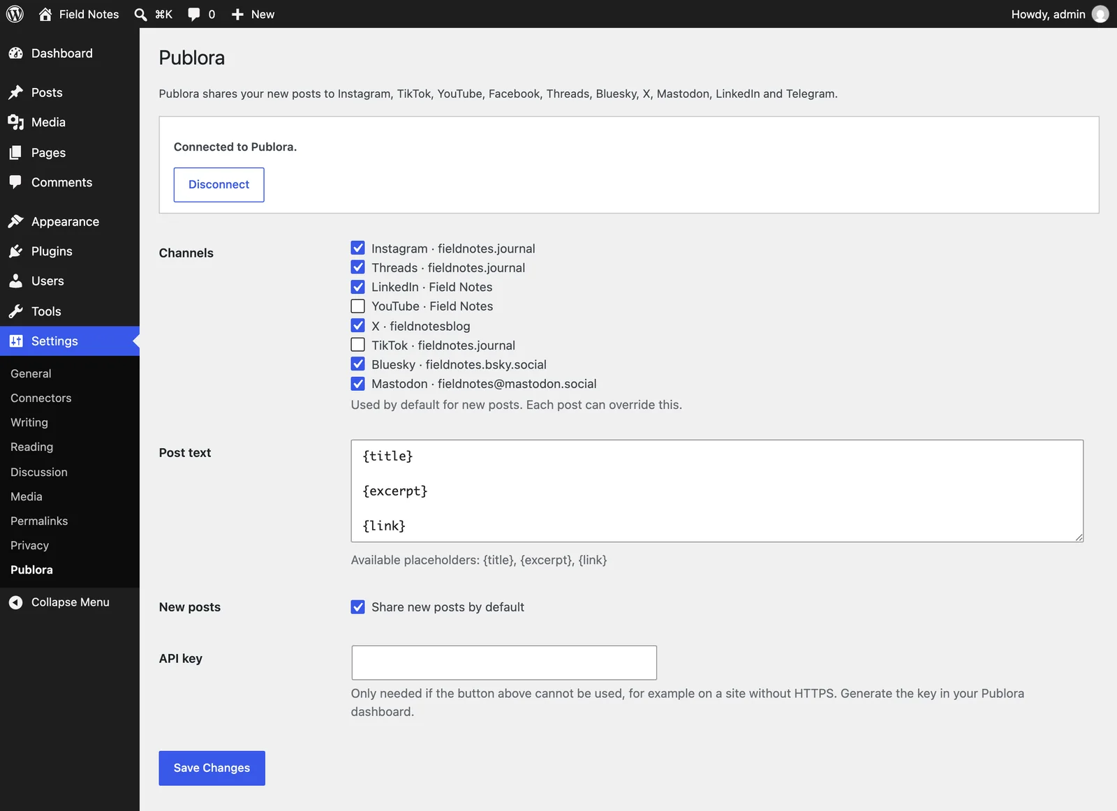 Choosing which connected social accounts get new WordPress posts by default