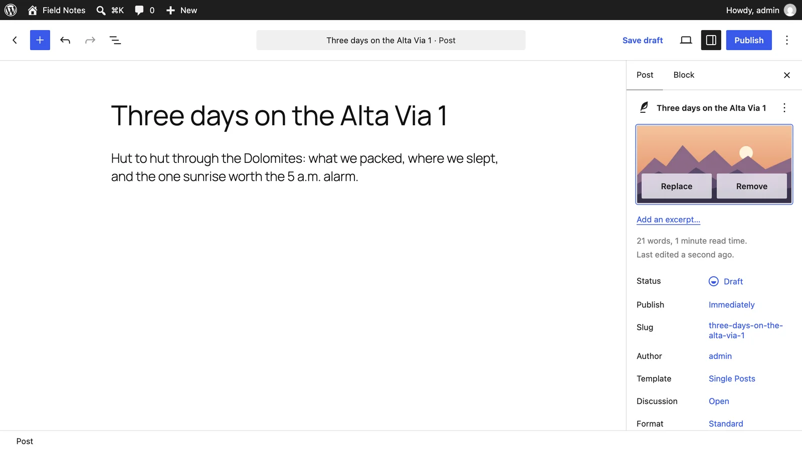 A WordPress post with a featured image set, which is what goes out with the announcement