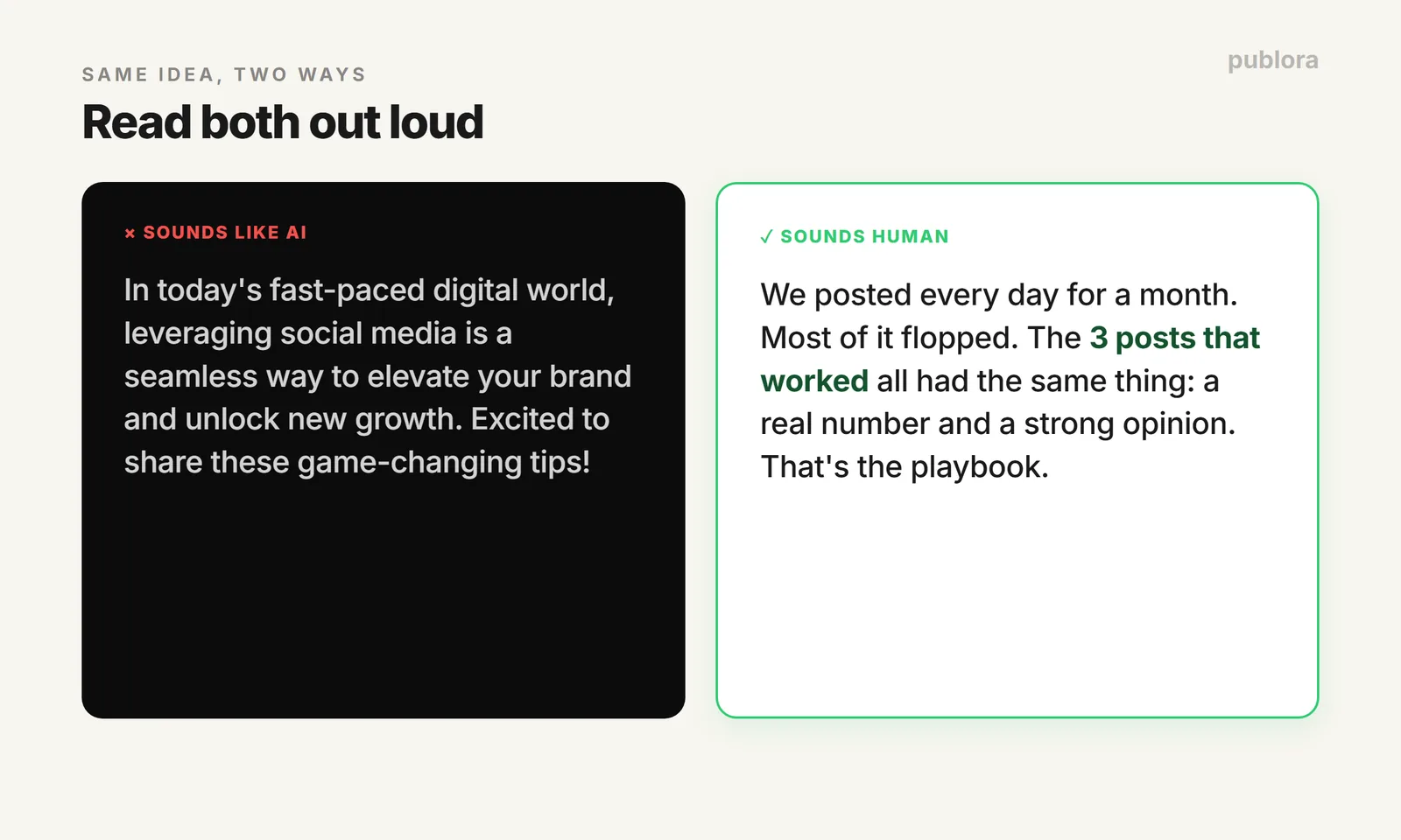A social media post rewritten from generic AI tone into plain, human writing
