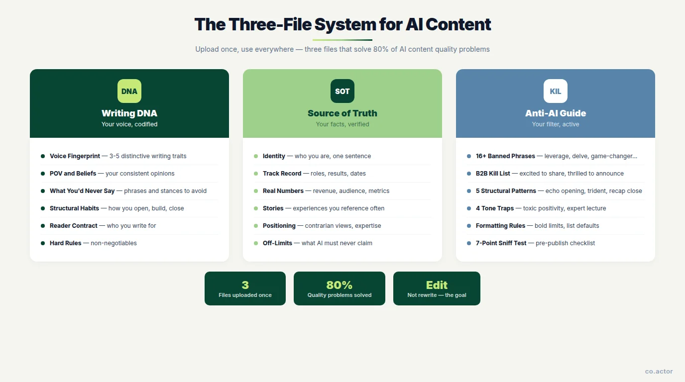 The three-file system for AI content — Writing DNA, Source of Truth, and Anti-AI Writing Guide with their key components
