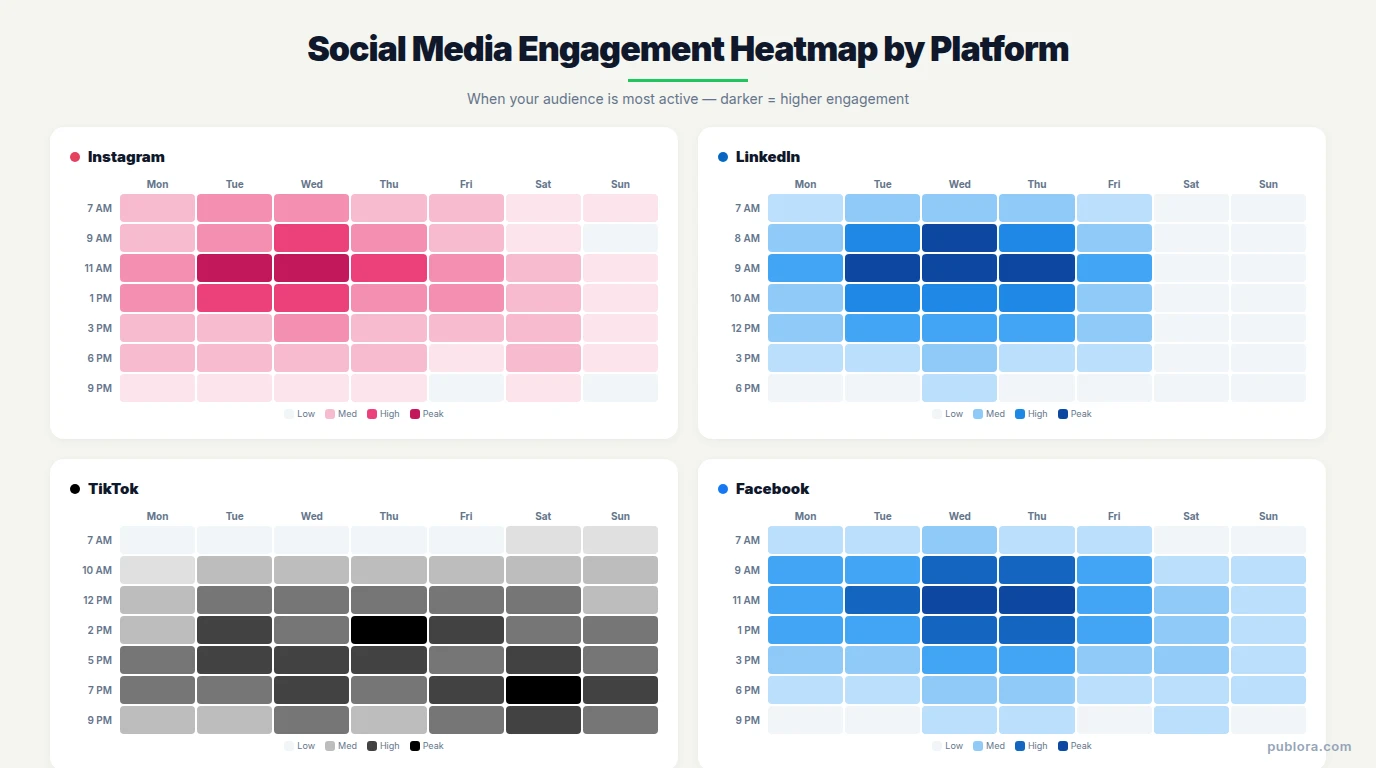 Social media engagement heatmaps for Instagram, LinkedIn, TikTok, and Facebook showing weekly patterns