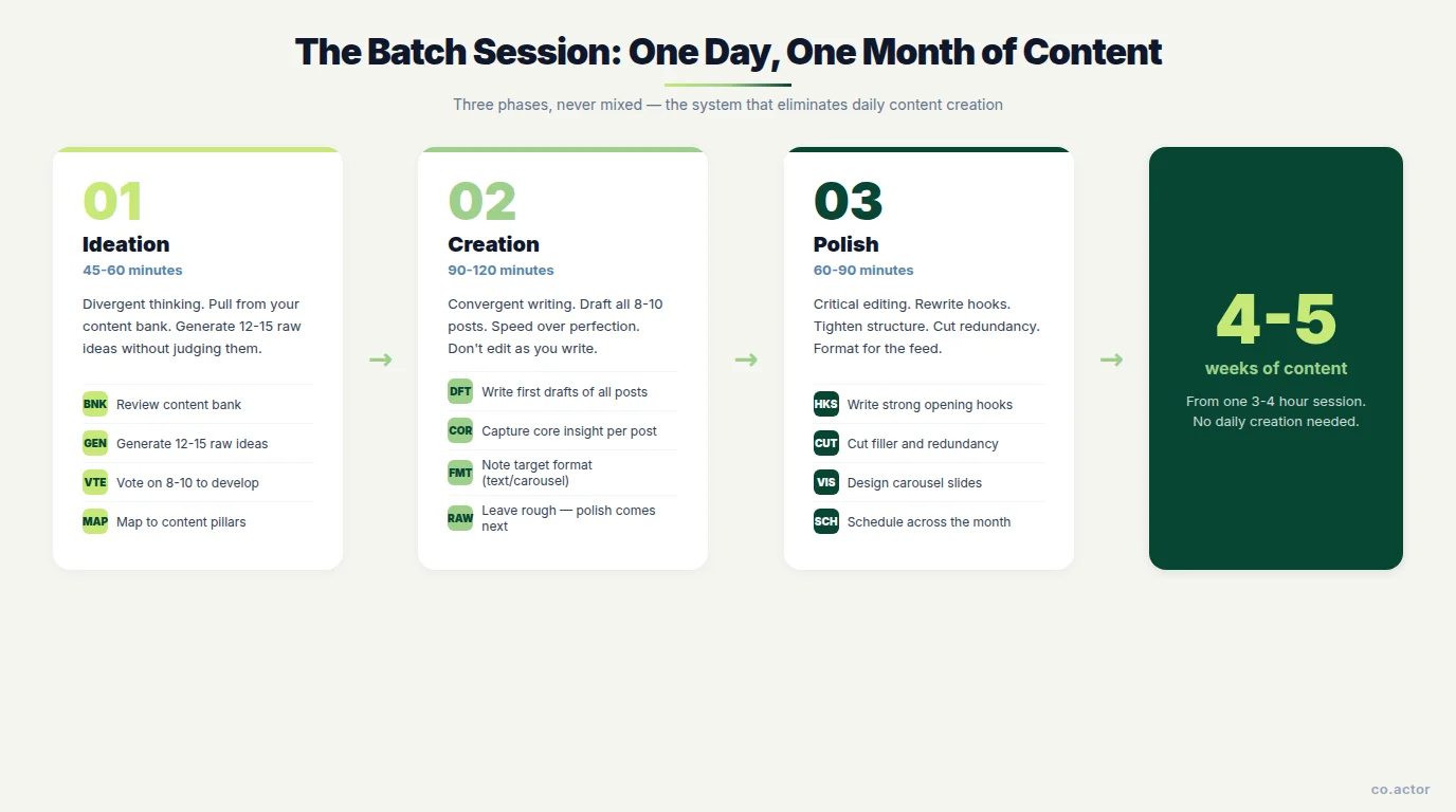 The batch session framework showing three phases: Ideation (45-60 min), Creation (90-120 min), and Polish (60-90 min), producing 4-5 weeks of content