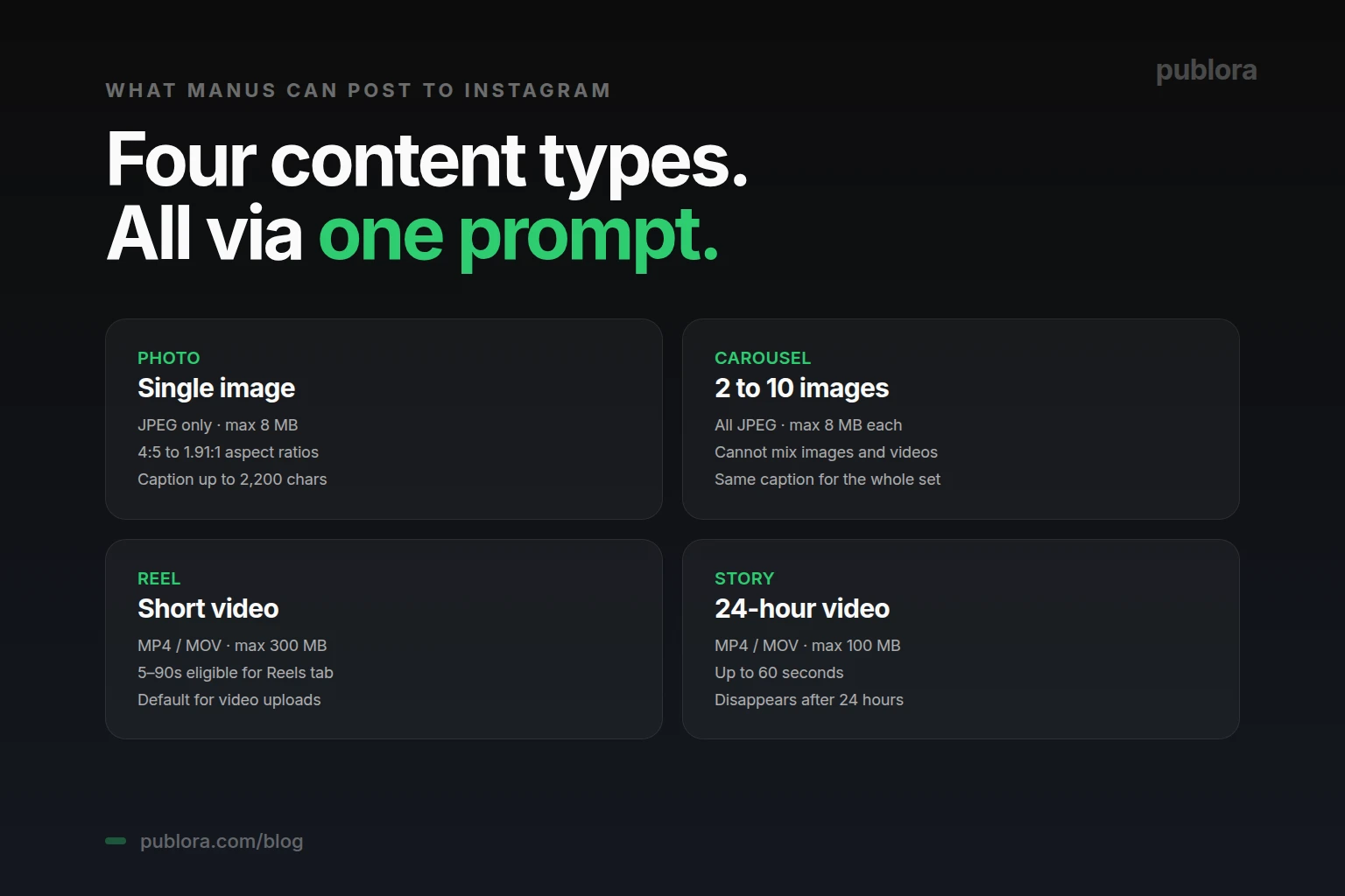 Four Instagram content types Manus can post — photo, carousel, Reel, Story — with size and format limits
