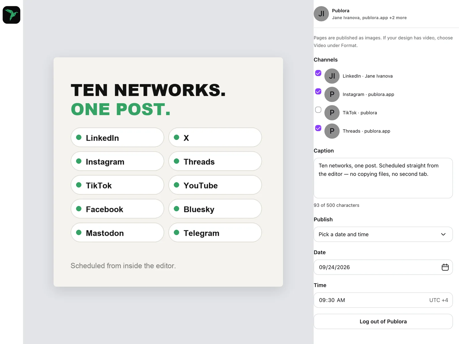 Publora app in Canva with LinkedIn, Instagram and Threads selected, a caption and a scheduled date