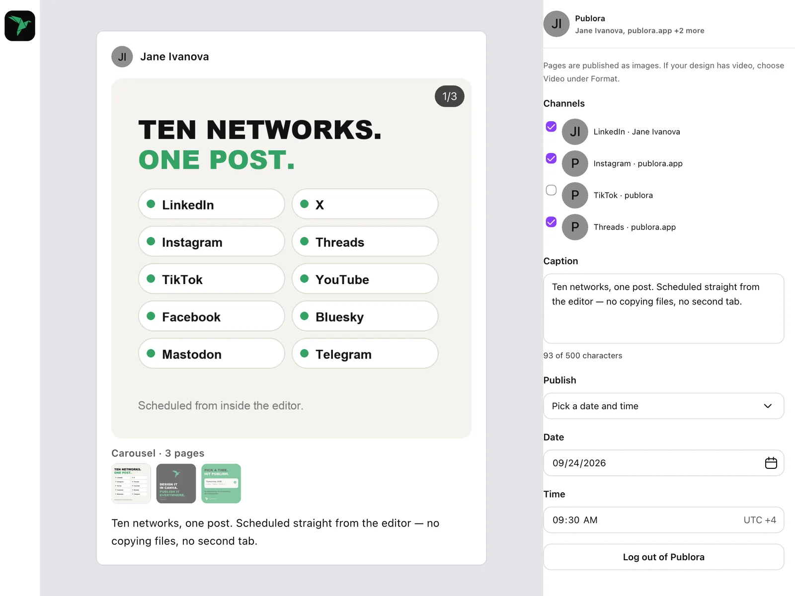Canva carousel preview in the Publora app: first page with a 1/3 badge and a strip of three pages