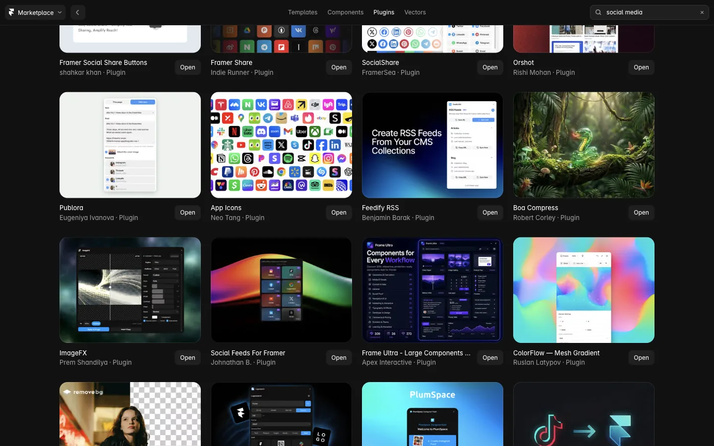Publora among the Framer Marketplace results for "social media"