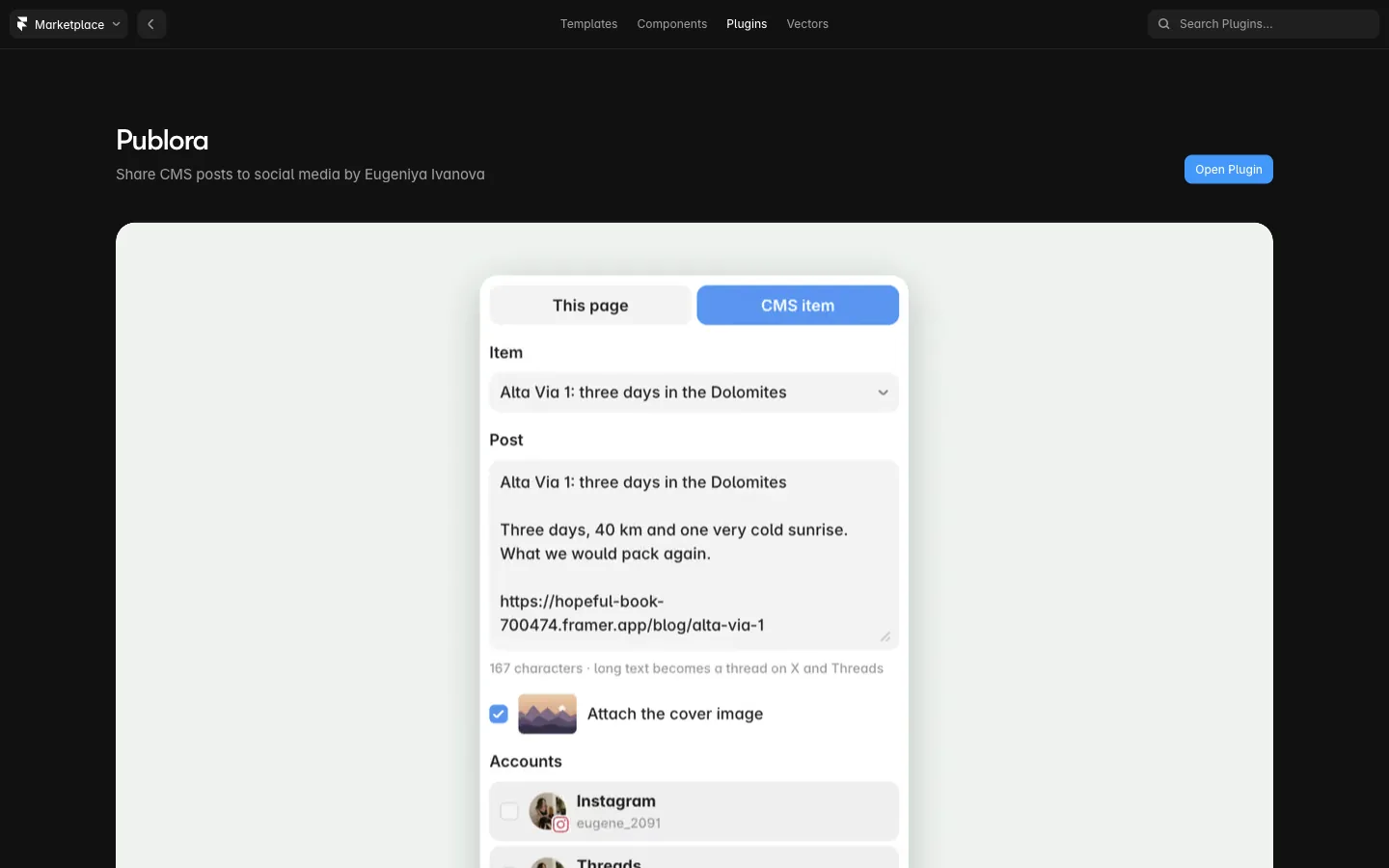 The Publora plugin page in the Framer Marketplace
