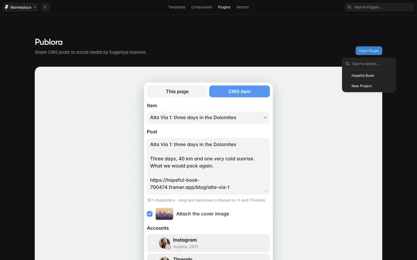 Choosing the Framer project after Open Plugin
