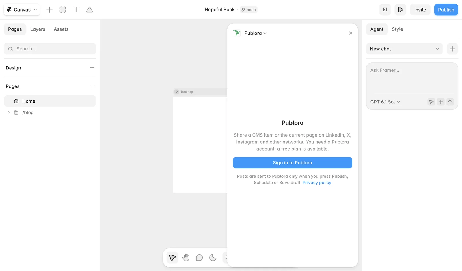 The Publora plugin in the Framer editor with the Sign in to Publora button