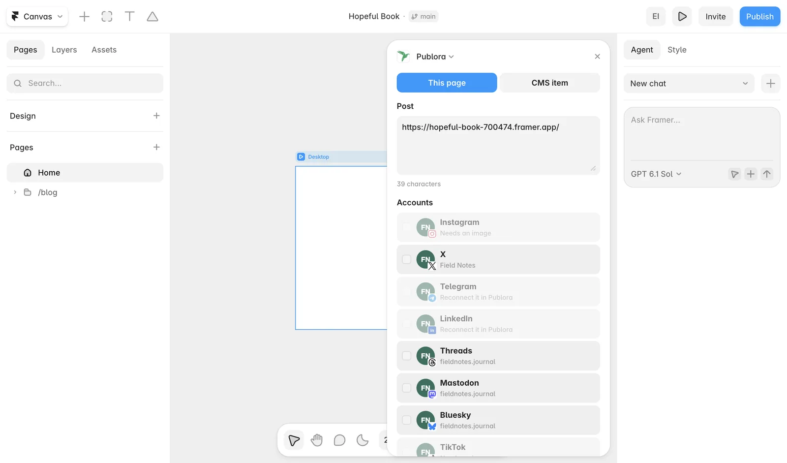 This page mode in the Publora plugin for Framer