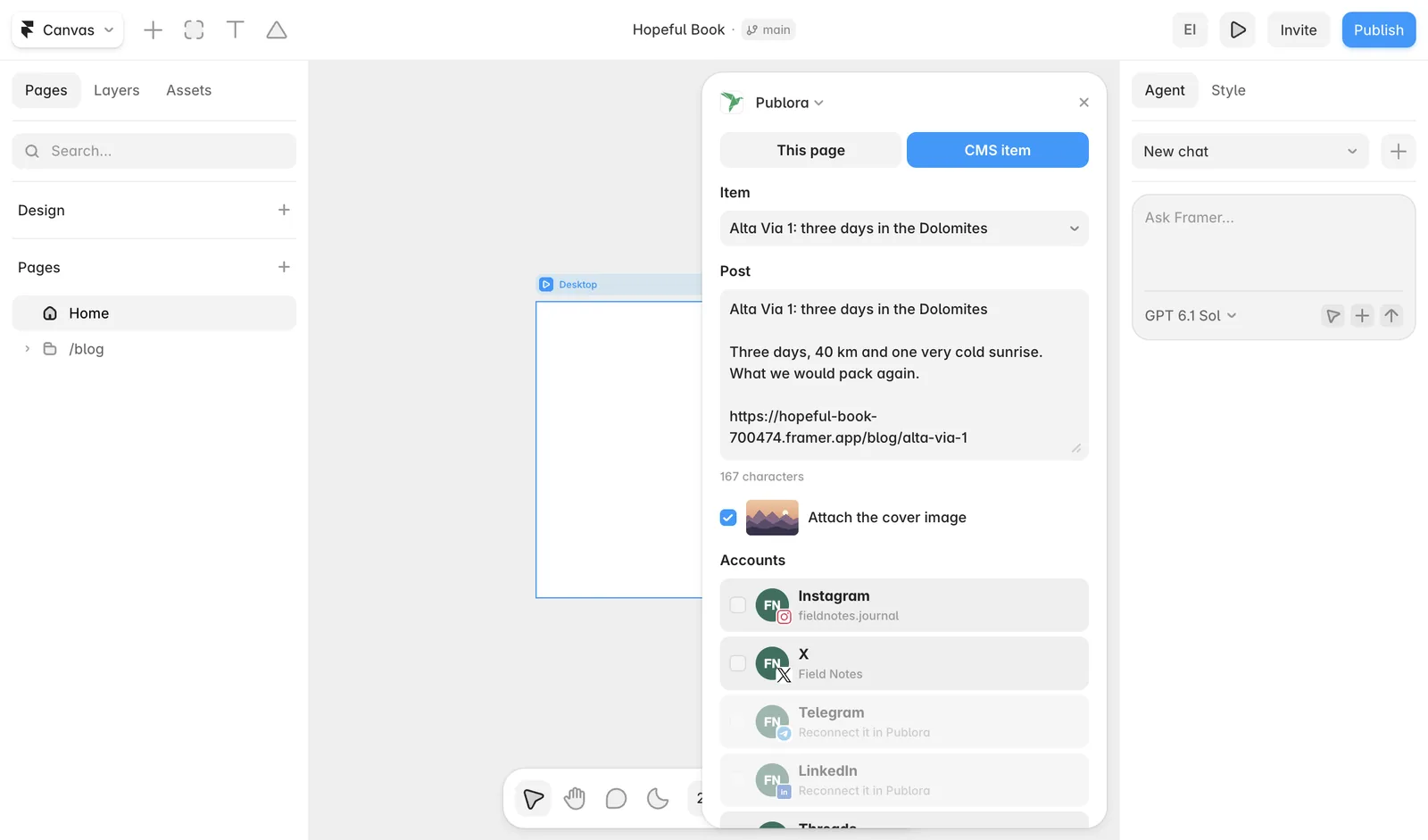 A Framer CMS item turned into a social media draft in the Publora plugin