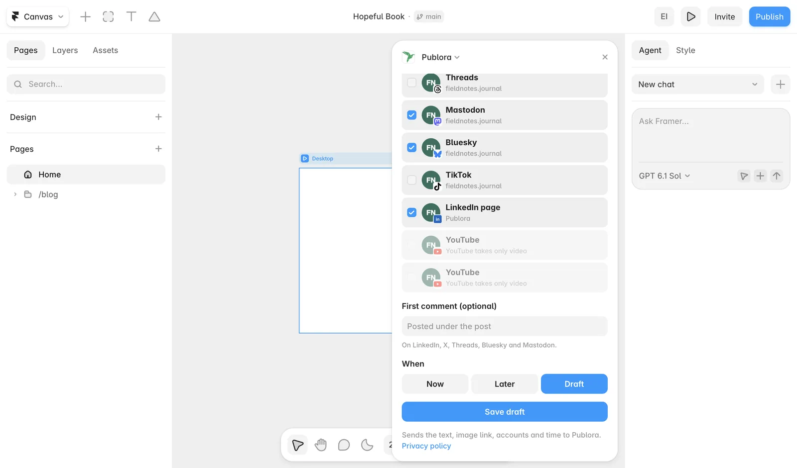 Accounts, first comment and Draft selected in the Publora plugin for Framer