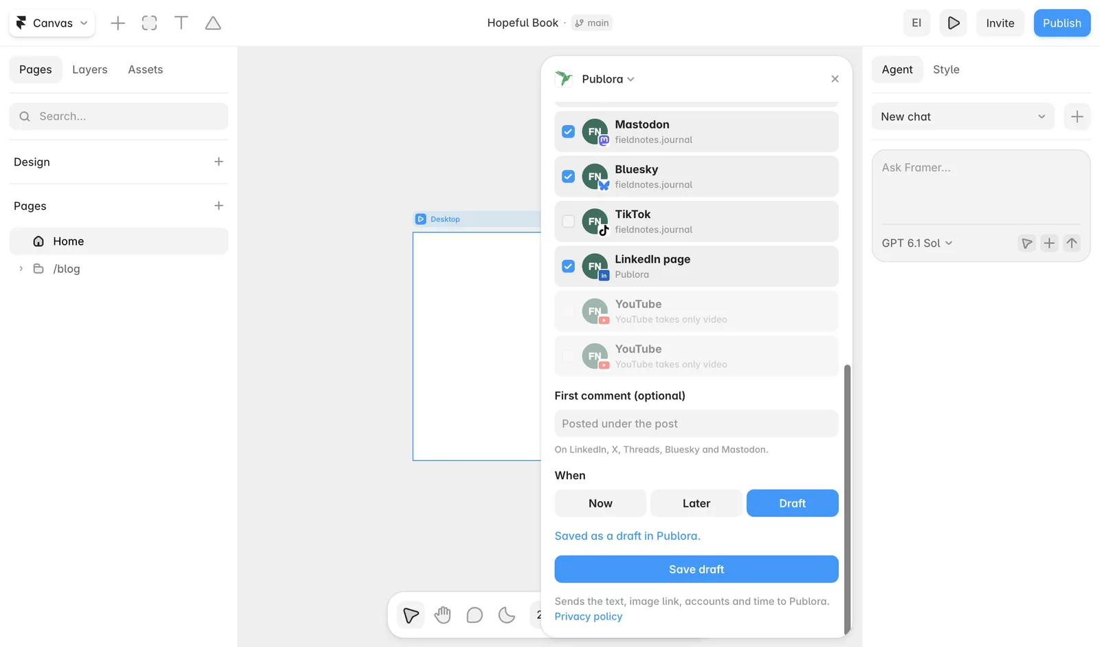 Saved as a draft in Publora, shown in the Framer plugin
