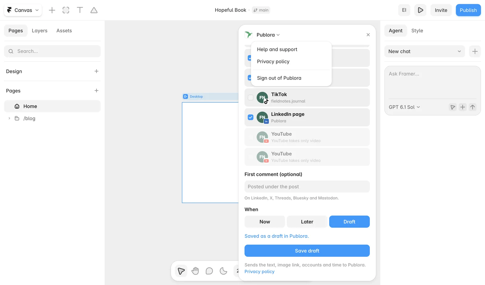 The Publora plugin menu in Framer: Help and support, Privacy policy, Sign out