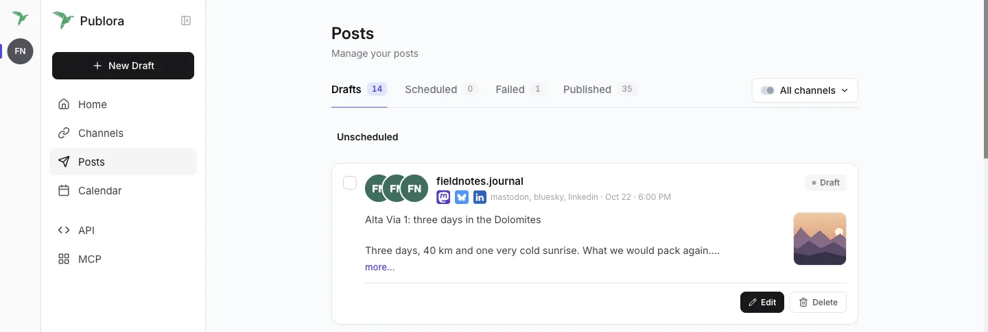 The draft from Framer in the Publora dashboard under Posts