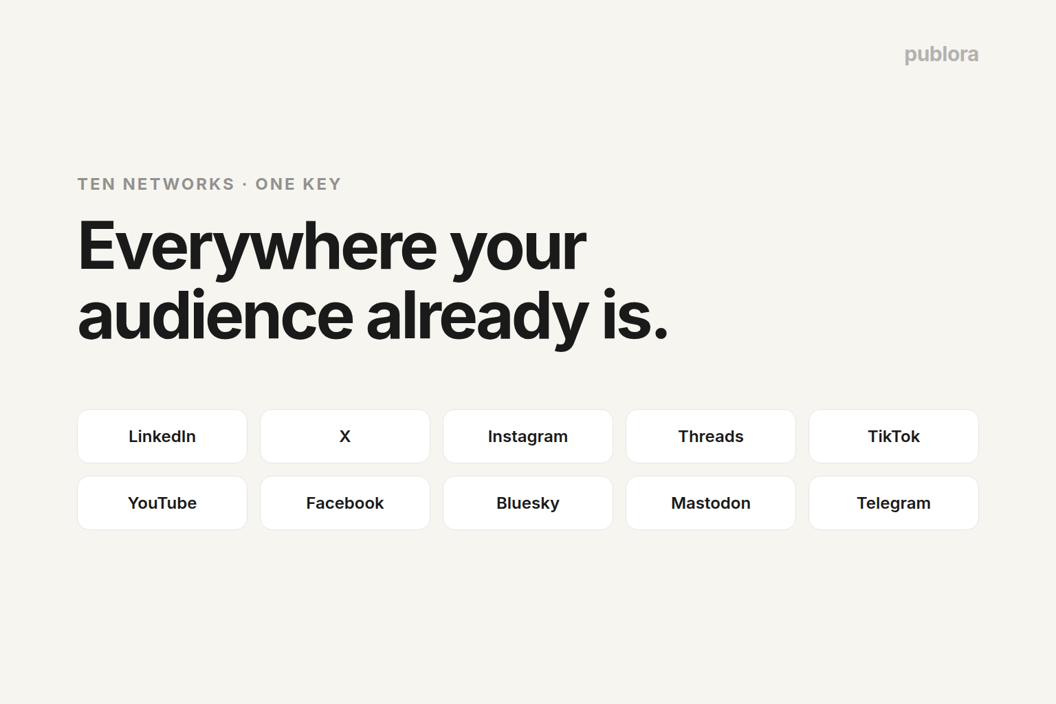 Ten networks one key — LinkedIn, X, Instagram, Threads, TikTok, YouTube, Facebook, Bluesky, Mastodon, Telegram